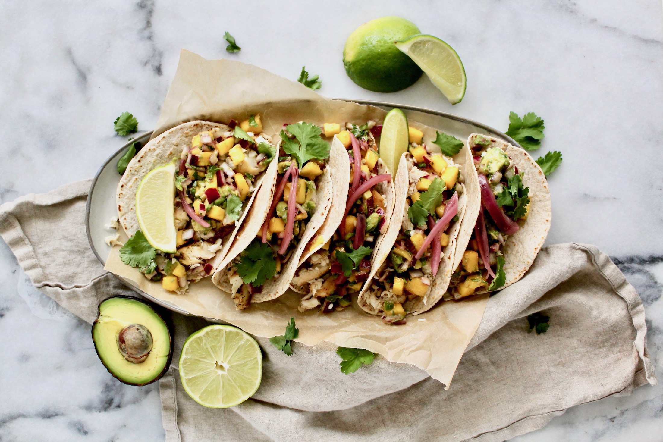 Fish Tacos with Mango + Avocado Salsa