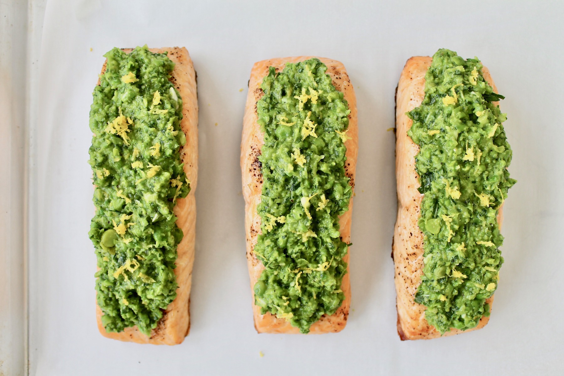 Salmon with Pea + Arugula Pesto