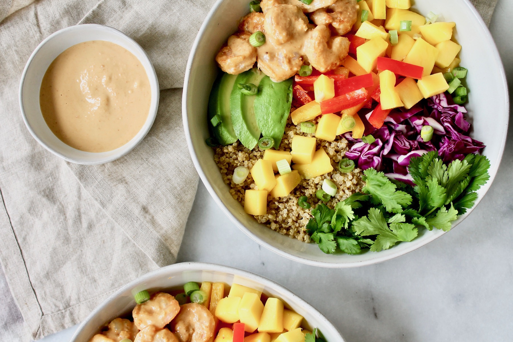 Shrimp + Quinoa Bowls with Peanut Sauce