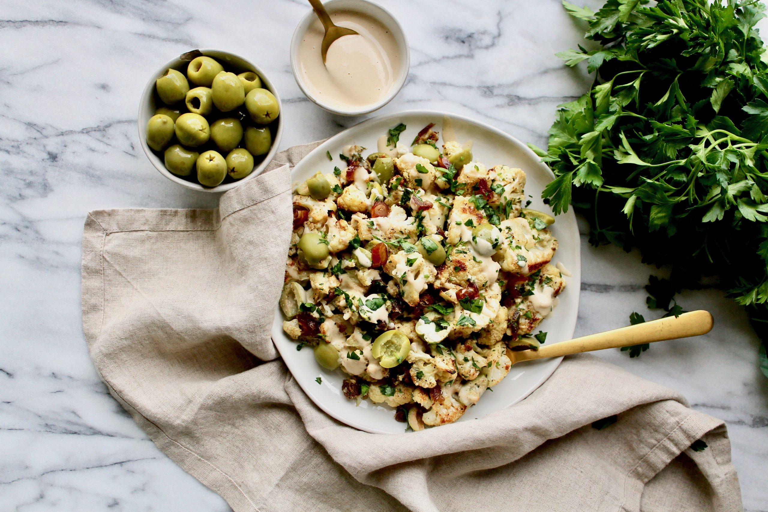 Roasted Cauliflower With Olives & Tahini