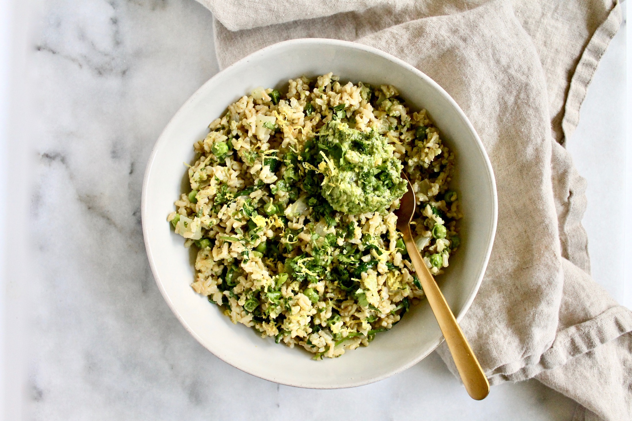 Green Rice Bowl with Peas + Pesto Prescribe Nutrition