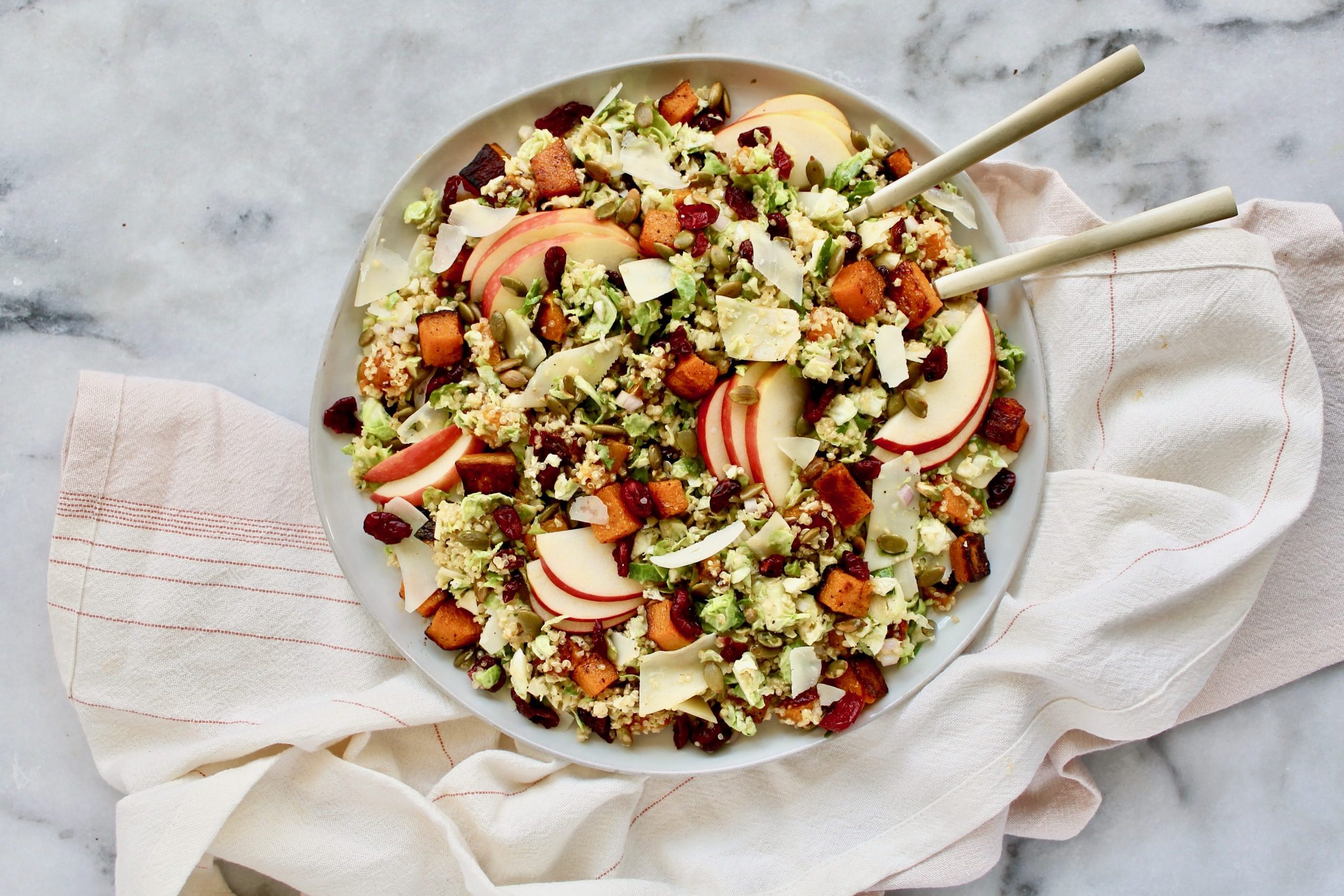 Brussel Sprout, Cranberry and Quinoa salad with Apples, Roasted Sweet