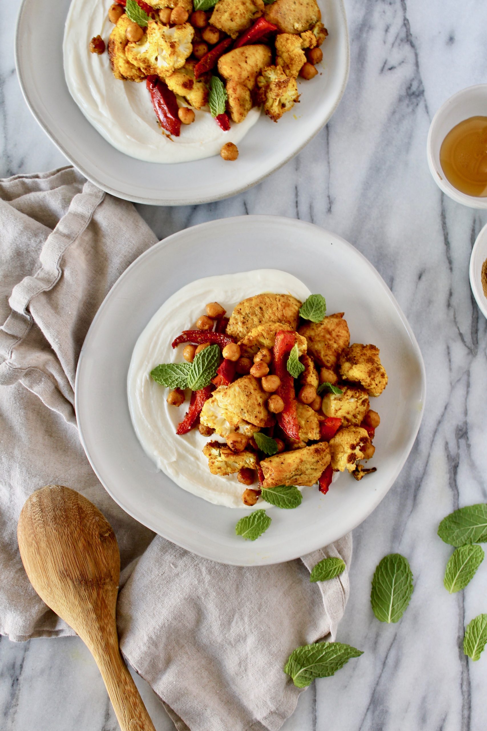 Sheet Pan Turmeric Spiced Chicken, Cauliflower, Peppers, and Chickpeas with Whipped Lemon Honey Goat Cheese